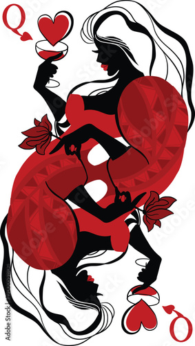 Queen of hearts. Elegant fashion playing card. Vintage style of royal femine