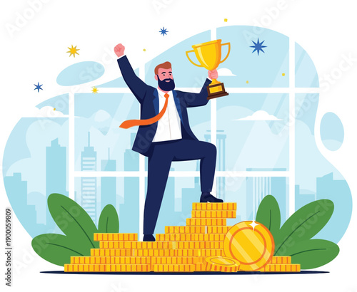 Bearded man in a suit triumphantly stands on a stack of coins, holding a trophy. The background shows a city skyline and conveys success.