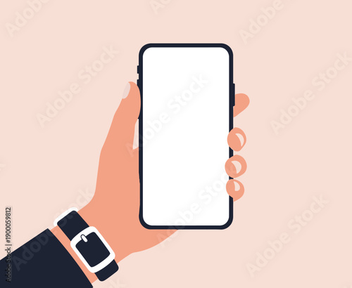 Illustration of a hand holding a blank smartphone. The hand wears a black watch, and the phone screen is white, set against a light peach background.