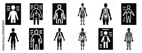 Minimalist black silhouette icon set of a anatomy chart . simple black flat vector style for medical and fitness icons concept.