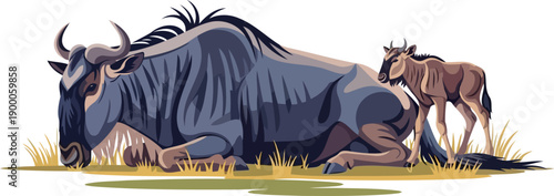 Blue wildebeest resting in grass with its young calf