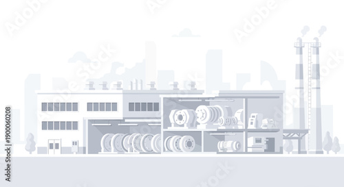 A detailed illustration of a modern industrial factory with visible interior sections showcasing manufacturing processes and storage.