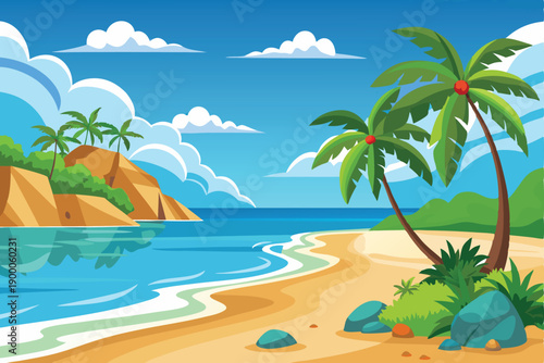 Quiet Tropical Beach Bay Illustration with Palm Trees and Clear Blue Sea