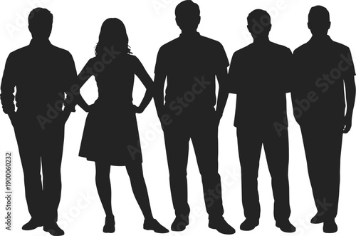 Silhouettes of five people standing in a line black
