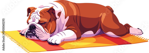 English bulldog napping peacefully on a colorful striped rug