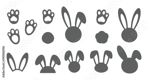 Grey rabbit track ear and bunny silhouette icon set in a simple style