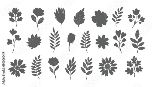 Grey botanical silhouette elements with diverse leaf shapes and floral arrangements