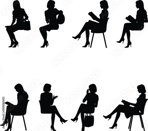 Silhouettes of women sitting in various poses with handbags and reading