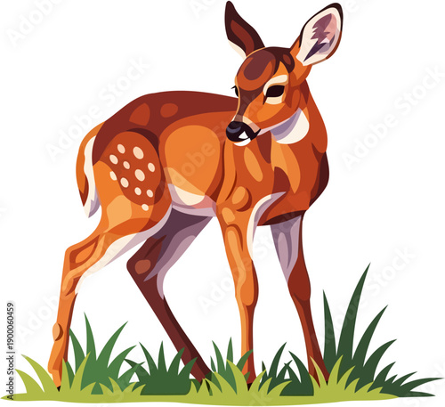 Gentle young fawn standing in green grass