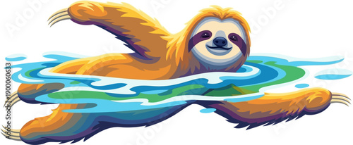 Happy three toed sloth swimming in tropical water