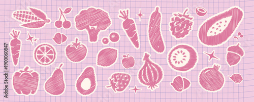 Elevate your digital planner with these cute pink hand-drawn scribble fruit and vegetable stickers print