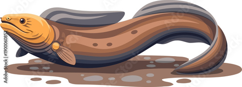 Long eel slithering across a wet muddy riverbed