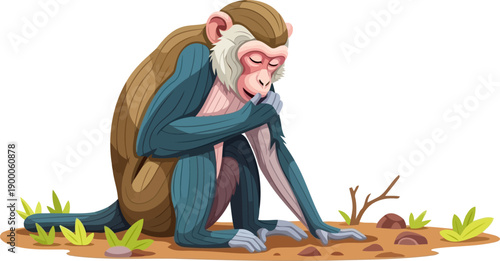 Macaque monkey foraging for food on the forest floor