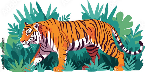 Majestic bengal tiger prowling through dense jungle leaves
