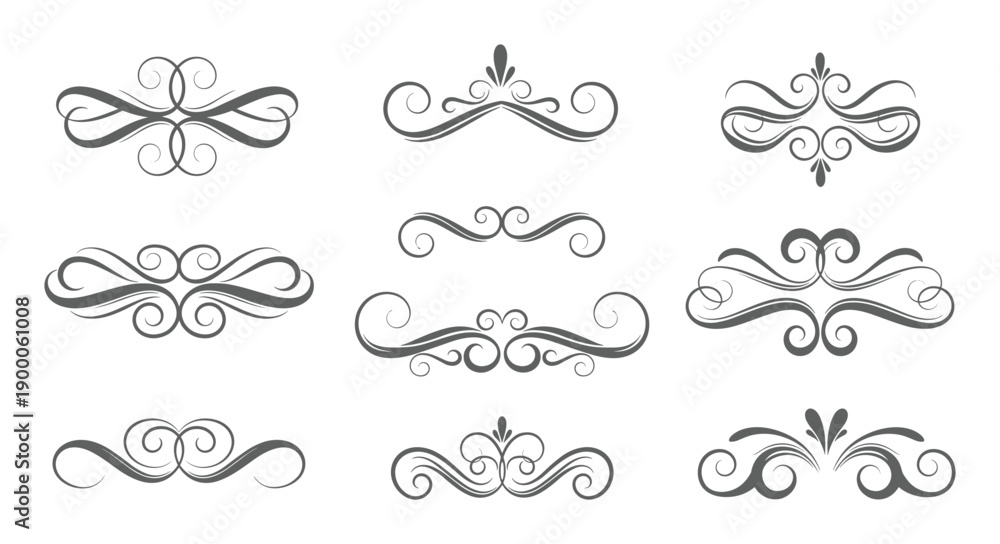 Fototapeta premium Elegant grey filigree swirl and flourish decorative silhouette elements
