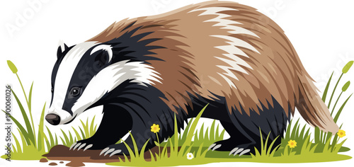 Nocturnal badger foraging in tall grass and flowers
