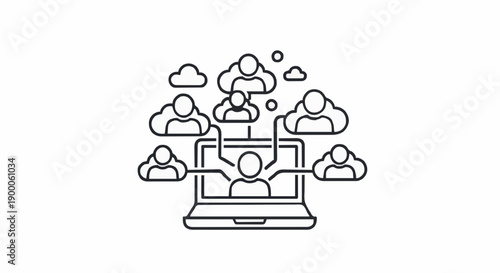 Network connection visualization of people connected to a laptop and cloud servers, illustrating digital collaboration and online community engagement through technology