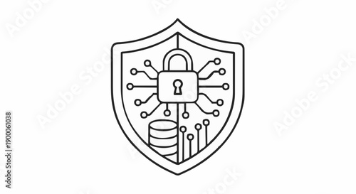 Comprehensive digital security and data protection emblem featuring a robust shield, secure padlock, and interconnected circuit elements, symbolizing ultimate safeguard in the digital age