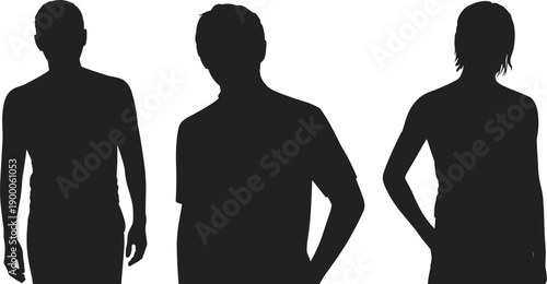 Three black silhouettes of people standing white background 1