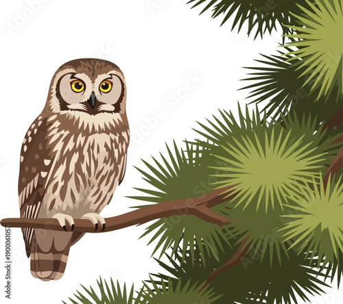 Nocturnal owl perched on a pine tree branch vector illustration