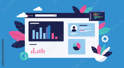 Illustration of a data dashboard with bar and pie charts, user profile, and coding panel. Surrounded by colorful leaves, conveying a modern, analytical tone.