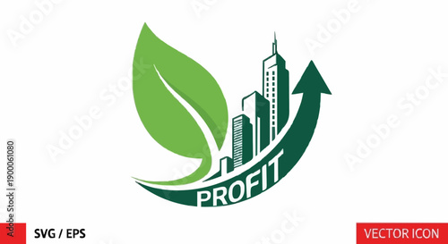 Green city development icon showing sustainable urban growth with an upward arrow indicating rising profit, representing eco-friendly business and investment success