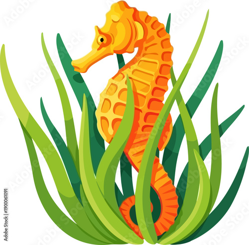 Orange seahorse clinging to green seagrass underwater
