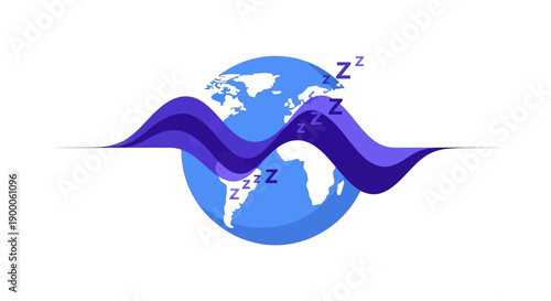 Global Sleep and Rest Concept Vector. Earth Globe with Wavy Purple Line and Zzz Symbols. Sleep Cycle, Quiet Time, and World Fatigue Illustration.