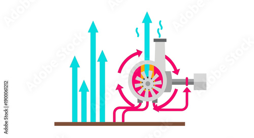 Centrifugal Blower Fan Diagram Illustration. HVAC System Airflow, Pressure Circulation, and Performance Output Growth Concept in Flat Vector Style.