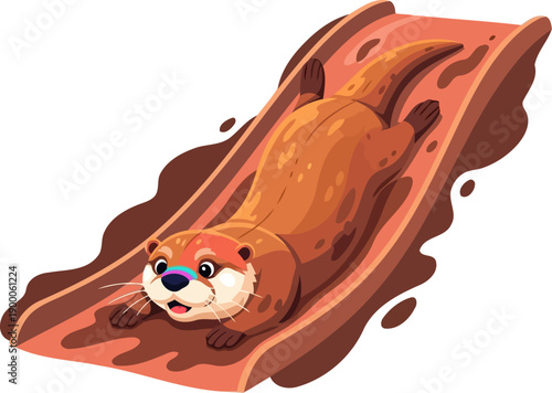 Playful river otter sliding down a slippery mud bank