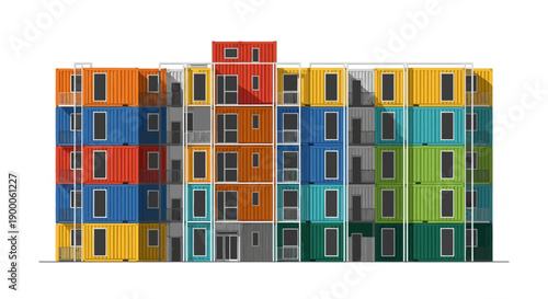 Multi-Story Stacked Shipping Container Building. Modular Architecture Apartment Housing Illustration.