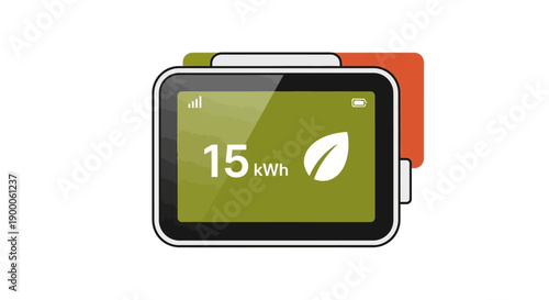 Smart Home Energy Meter or Electric Vehicle Dashboard Display showing 15 kWh consumption and Green Eco Leaf Icon. Isolated Vector Graphic.