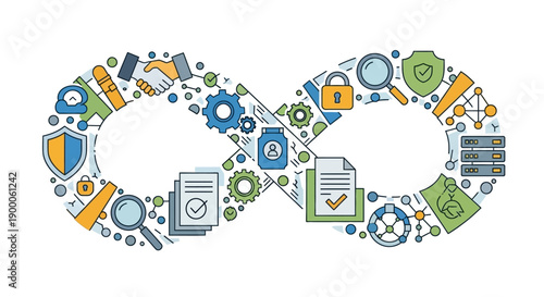 DevOps Infinity Loop Concept: Continuous Integration and Delivery (CI/CD) Cycle with Security, Data, and Business Process Icons.