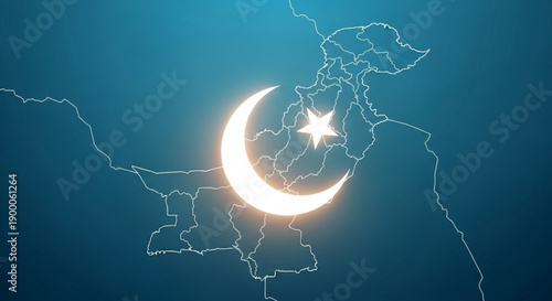 Glowing crescent moon and star on pakistan map outline at night