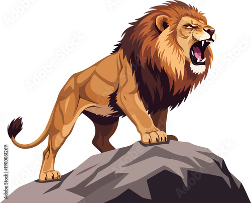 Powerful lion roaring on top of a mountain peak