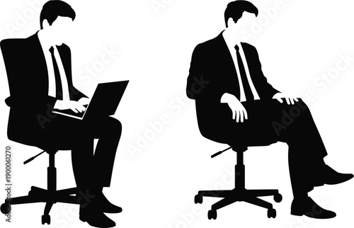 Two black silhouettes of businessmen sitting on office chairs with suits and ties