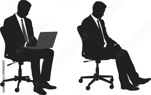 Two black silhouettes of businessmen sitting on office chairs laptop