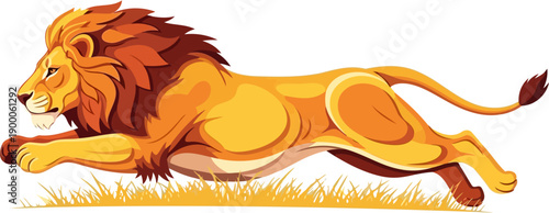 Powerful male lion sprinting across a grassy savanna