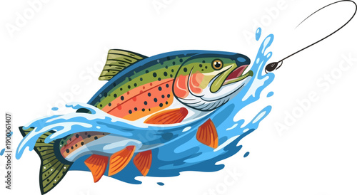 Rainbow trout jumping out of water caught on a fishing hook