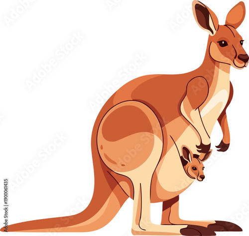 Red kangaroo with joey in pouch standing alert vector illustration