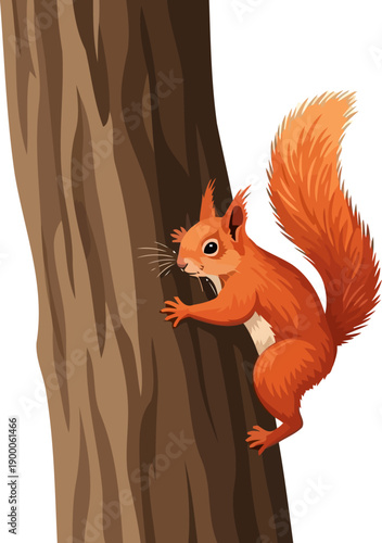 Red squirrel with bushy tail climbing up a vertical tree trunk