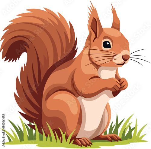 Red squirrel sitting upright on green grass with bushy tail