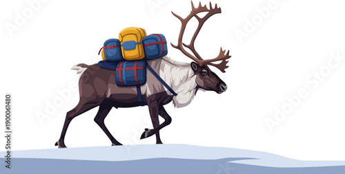 Reindeer carrying heavy supply bags through a snowy landscape