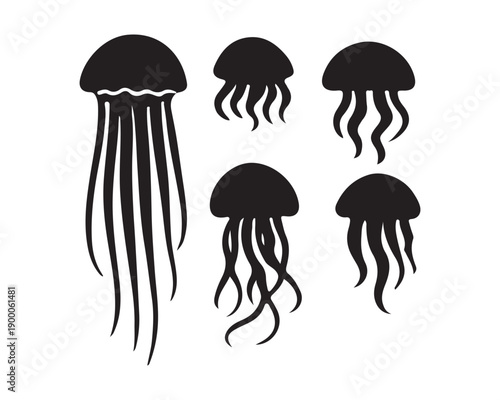 Stylized Jellyfish Vector Silhouettes Set Marine Life Black Icons Ocean Creatures Collection Elements