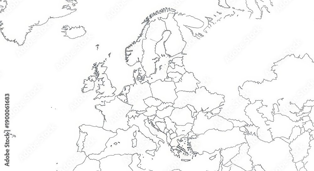 Fototapeta premium Europe outline map with country borders, black and white minimal design