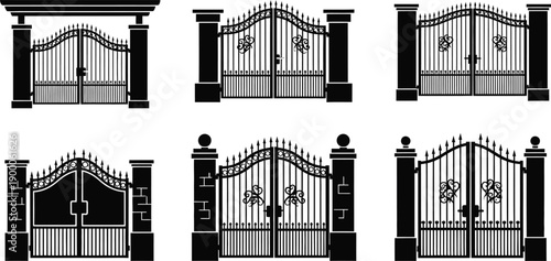 Silhouette vector set of 5 gate styles wrought iron gate wooden garden gate picket gate and sliding driveway gate
