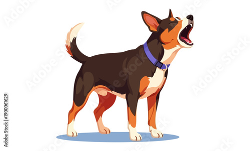 Small brown and black dog barking with open mouth