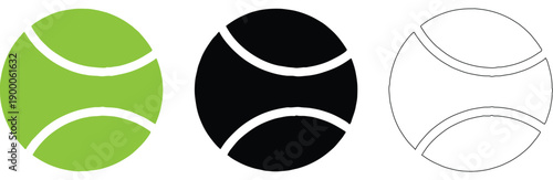 Tennis Ball Icon Set – Green Black Outline Sports Ball Vector Collection.