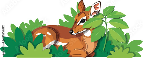 Small muntjac deer hiding behind green forest leaves illustration