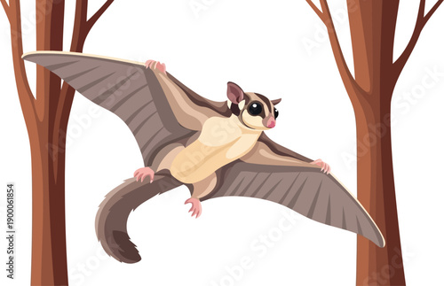 Sugar glider gliding through trees with spread membrane